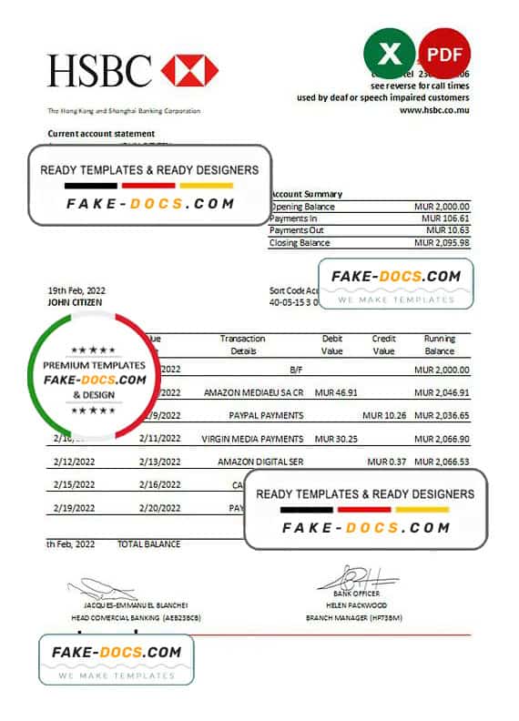 Mauritius HSBC bank statement Excel and PDF template Mauritius HSBC bank statement Excel and PDF template