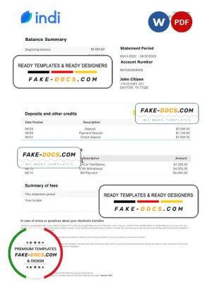 USA indi bank statement, Word and PDF template
