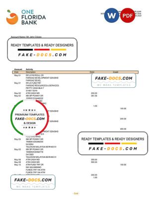 USA One Florida bank statement, Word and PDF template