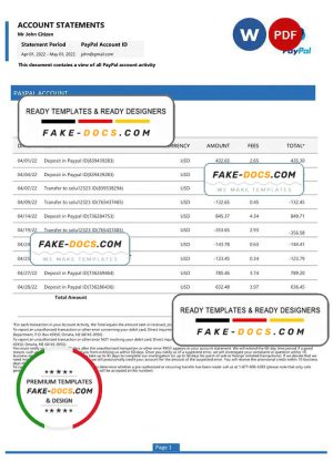 USA PayPal account statement Word and PDF template