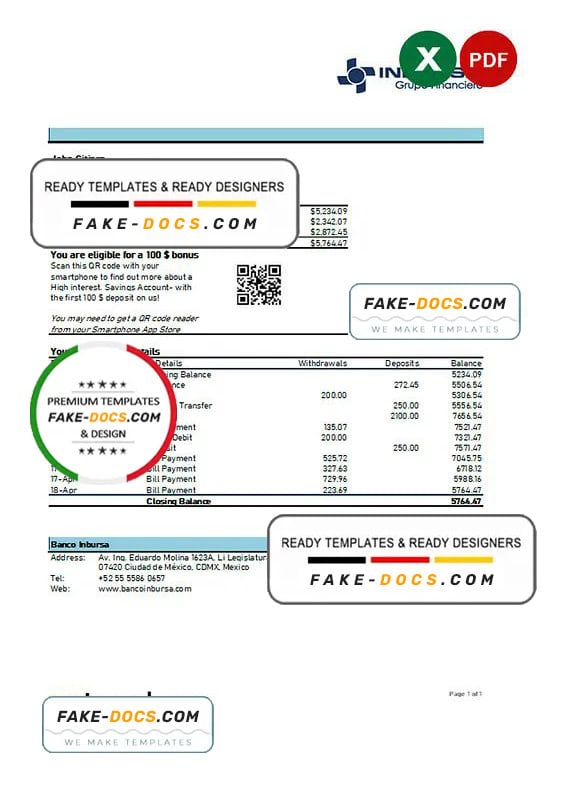 Mexico Inbursa bank statement Excel and PDF template, version 2 Mexico Inbursa bank statement Excel and PDF template, version 2