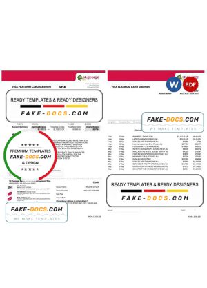 USA St. George bank visa card statement, Word and PDF template, 3 pages