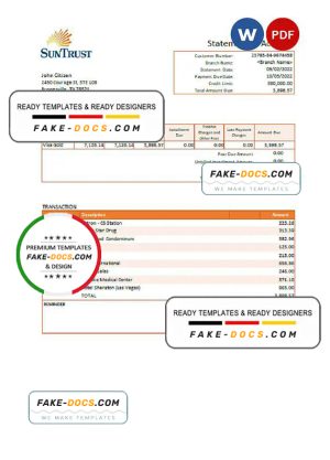 USA SunTrust bank statement Word and PDF template, version 2
