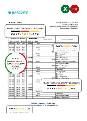 Monaco Barclays Private bank statement Excel and PDF template Monaco Barclays Private bank statement Excel and PDF template