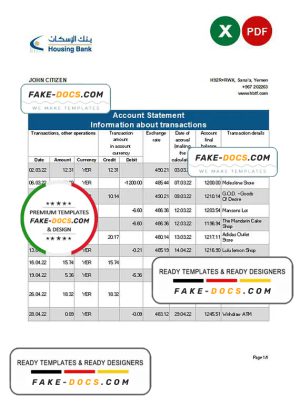 Yemen Housing bank statement, Excel and PDF template