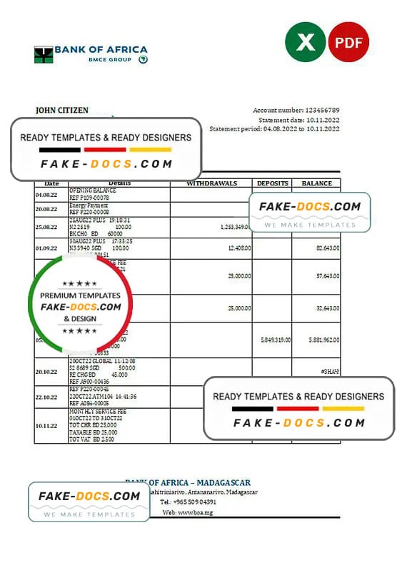 Madagascar Bank of Africa bank statement Excel and PDF template Madagascar Bank of Africa bank statement Excel and PDF template