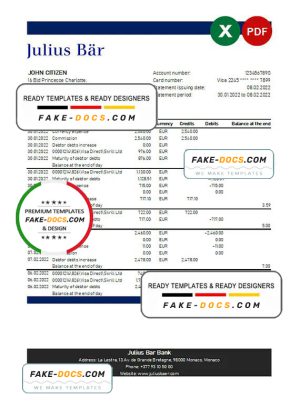 Monaco Julius Bar bank statement Excel and PDF template Monaco Julius Bar bank statement Excel and PDF template