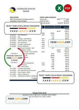 Mongolia Chinggis Khaan bank Excel and PDF template Mongolia Chinggis Khaan bank Excel and PDF template