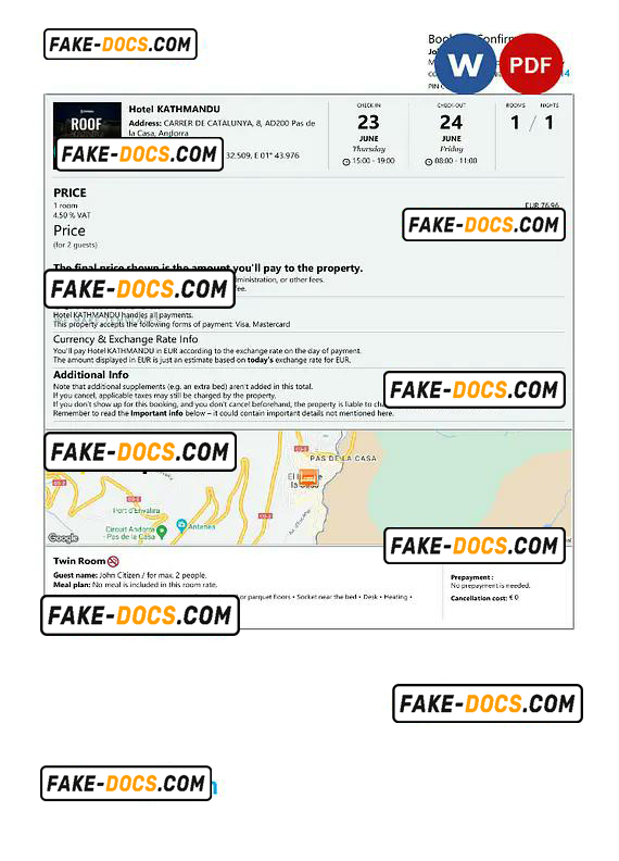Andorra hotel booking confirmation Word and PDF template, 2 pages