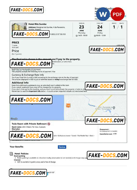 Angola hotel booking confirmation Word and PDF template, 2 pages