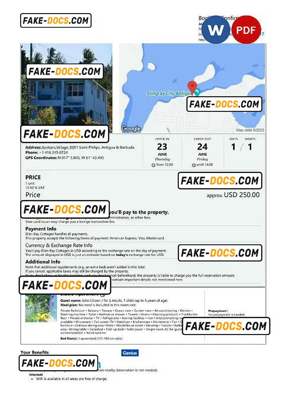 Antigua & Barbuda hotel booking confirmation Word and PDF template, 2 pages