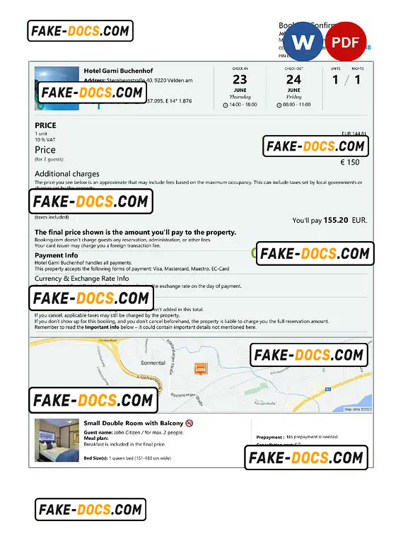 Austria hotel booking confirmation Word and PDF template, 2 pages
