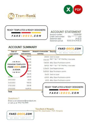 Mongolia Transbank bank statement Excel and PDF template Mongolia Transbank bank statement Excel and PDF template