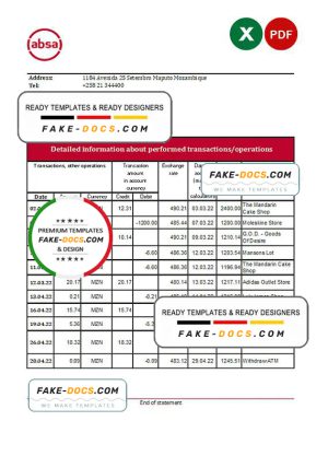 Mozambique ABSA bank statement Excel and PDF template Mozambique ABSA bank statement Excel and PDF template