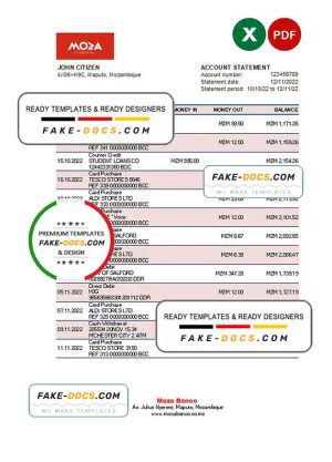 Mozambique Moza bank statement Excel and PDF template Mozambique Moza bank statement Excel and PDF template