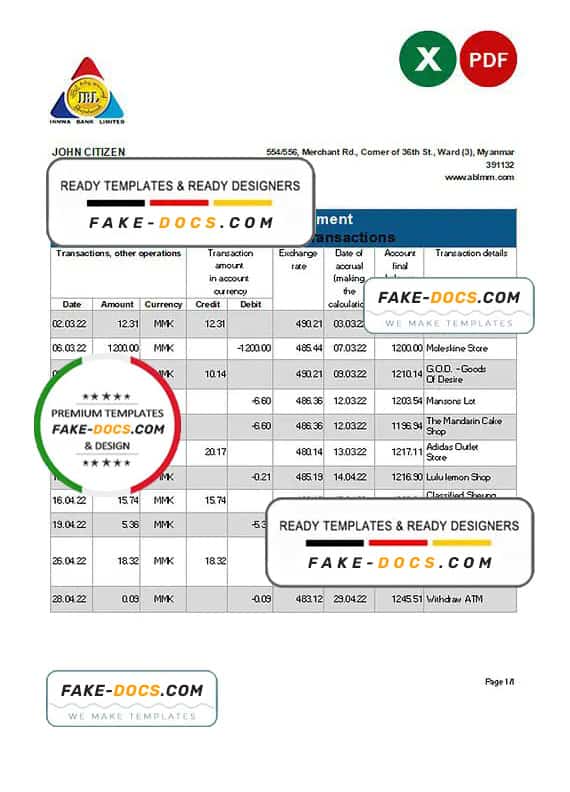 Myanmar Innwa Bank Limited bank statement Excel and PDF template Myanmar Innwa Bank Limited bank statement Excel and PDF template