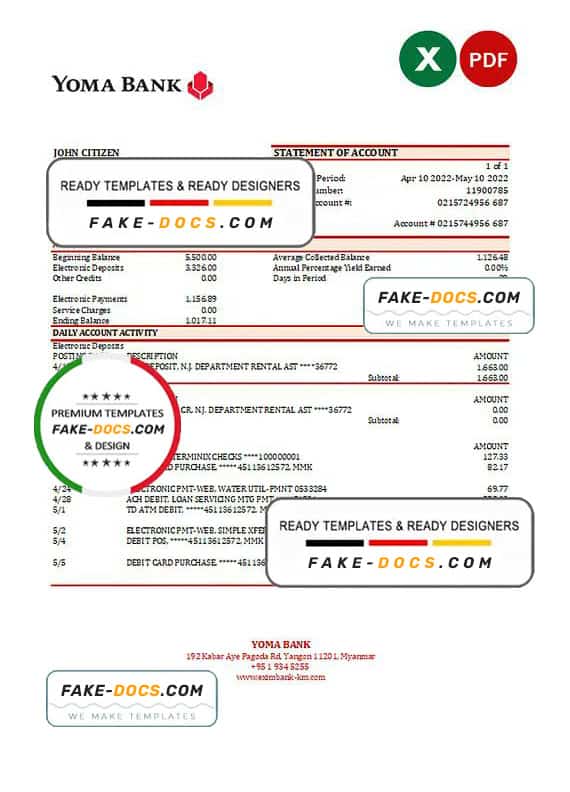 Myanmar Yoma bank statement Excel and PDF template Myanmar Yoma bank statement Excel and PDF template