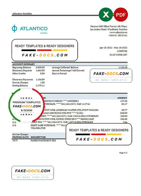 Namibia Atlantico bank statement Excel and PDF template Namibia Atlantico bank statement Excel and PDF template