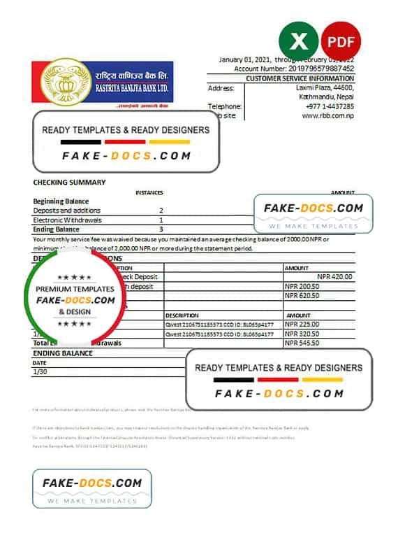 Nepal Rastriya Banijya bank statement Excel and PDF template Nepal Rastriya Banijya bank statement Excel and PDF template