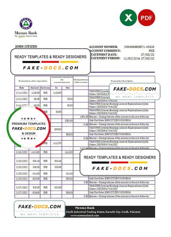 Pakistan Meezan bank statement Excel and PDF template Pakistan Meezan bank statement Excel and PDF template