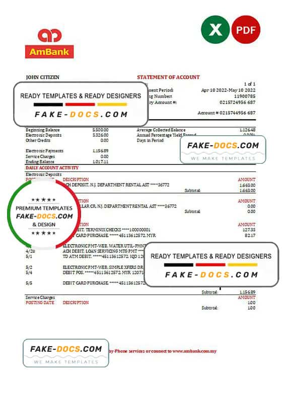 Malaysia AmBank bank statement Excel and PDF template Malaysia AmBank bank statement Excel and PDF template