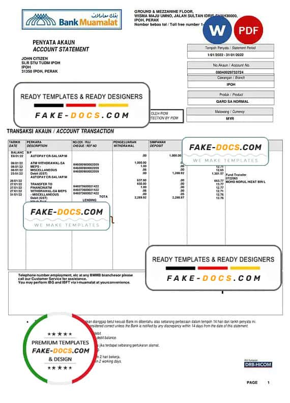 Malaysia Bank Muamalat bank account statement, Word and PDF template Malaysia Bank Muamalat bank account statement, Word and PDF template