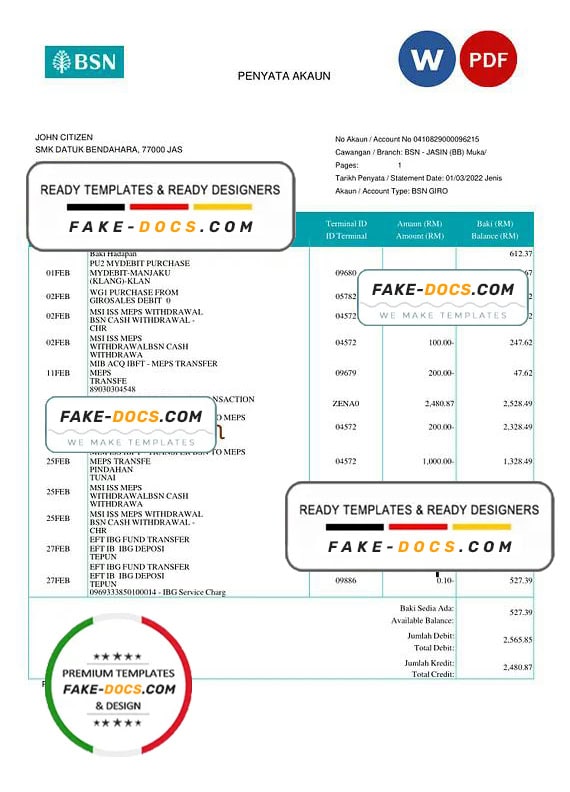 Malaysia BSN bank account statement (penyata akaun), Word and PDF template (in English and in Malay languages) Malaysia BSN bank account statement (penyata akaun), Word and PDF template (in English and in Malay languages)