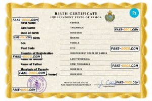 Samoa vital record birth certificate PSD template, fully editable