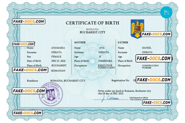 Romania vital record birth certificate PSD template