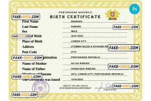 Portugal vital record birth certificate PSD template, fully editable