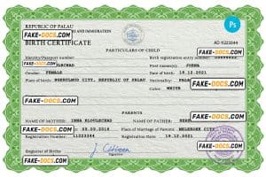 Palau birth certificate PSD template, completely editable