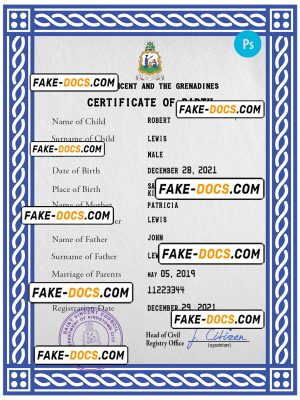 Saint Vincent and the Grenadines birth certificate PSD template, completely editable