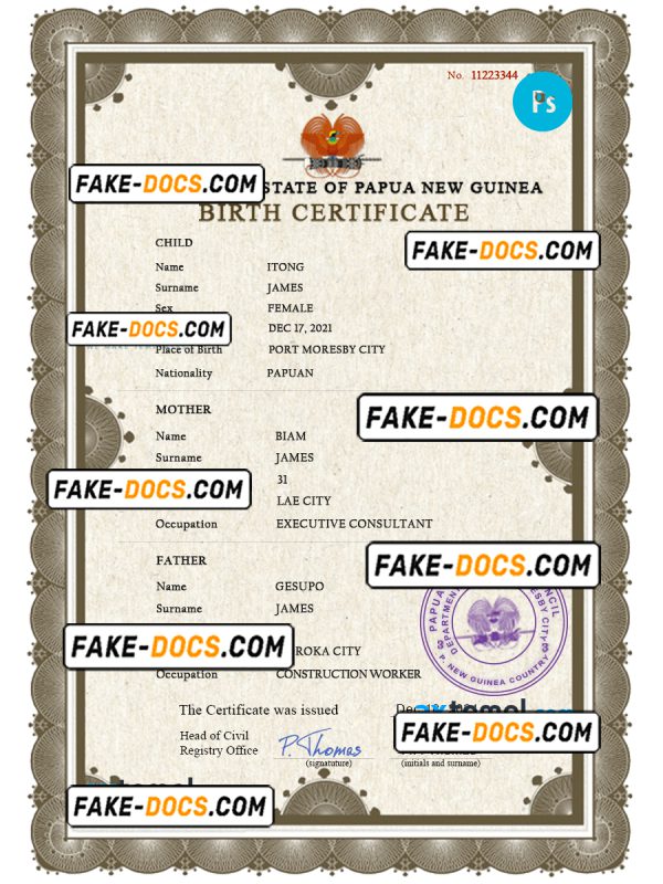 Papua New Guinea birth certificate PSD template, completely editable