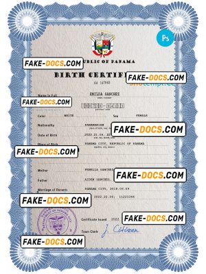 Panama vital record birth certificate PSD template, fully editable