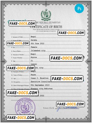 Pakistan vital record birth certificate PSD template, fully editable