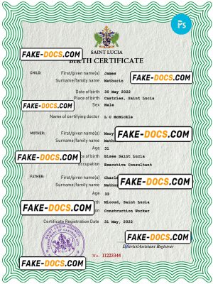 Saint Lucia vital record birth certificate PSD template, fully editable