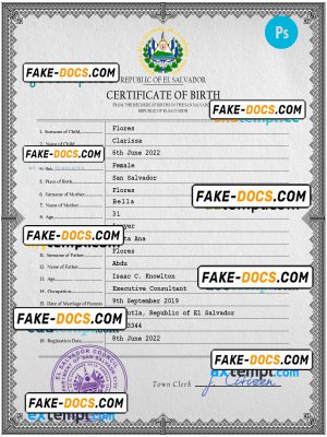 Salvador vital record birth certificate PSD template