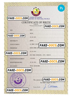 Qatar birth certificate PSD template, completely editable