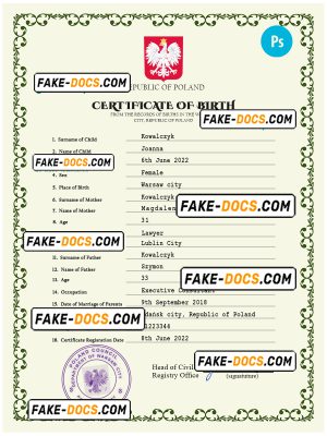 Poland vital record birth certificate PSD template
