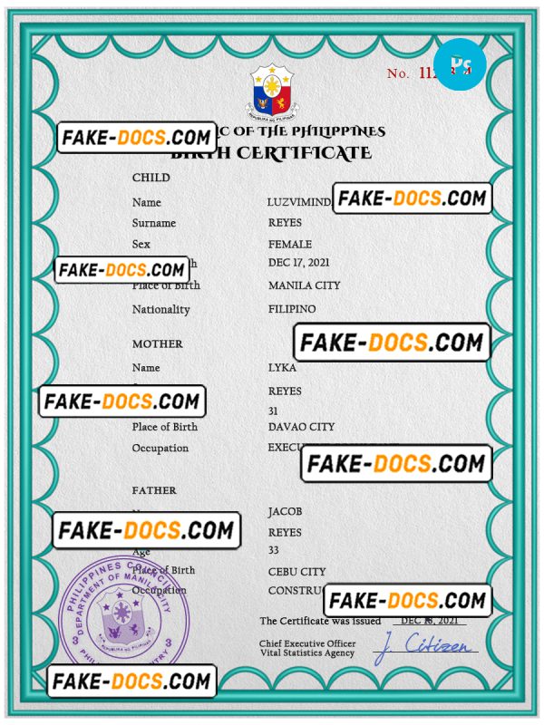 Philippines birth certificate PSD template, completely editable