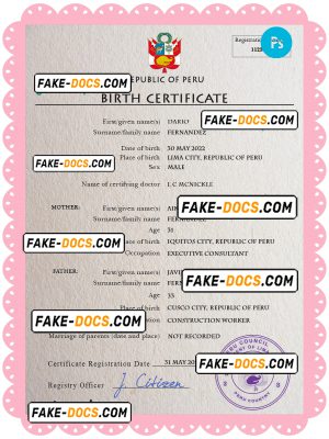Peru vital record birth certificate PSD template, fully editable