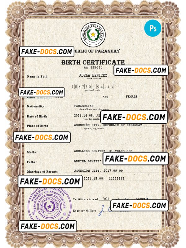 Paraguay vital record birth certificate PSD template