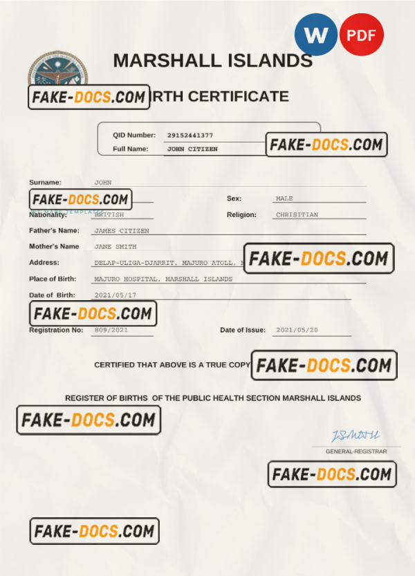 Marshall Islands vital record birth certificate Word and PDF template, completely editable scan