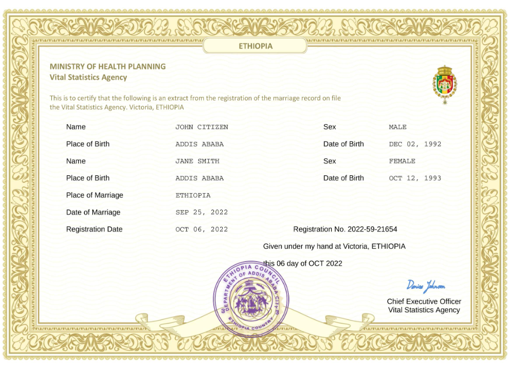 Ethiopia marriage certificate Word and PDF template, fully editable