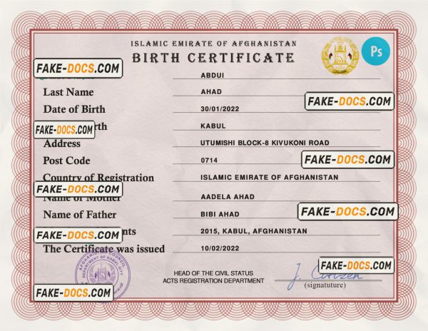 Afghanistan vital record birth certificate PSD template, completely editable