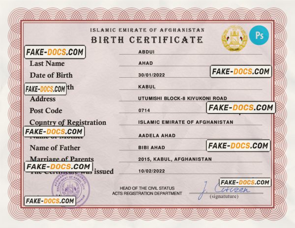 Afghanistan vital record birth certificate PSD template, completely editable