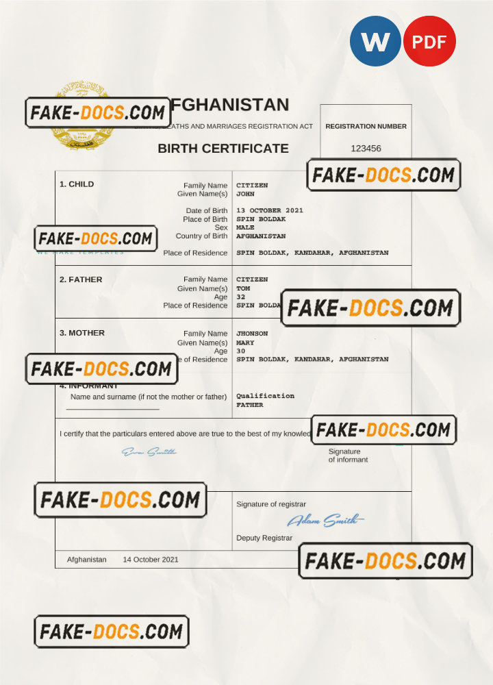 Afghanistan vital record birth certificate Word and PDF template, fully editable scan