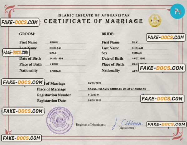 Afghanistan marriage certificate PSD template, fully editable