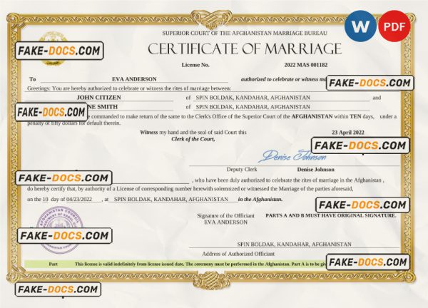 Afghanistan marriage certificate Word and PDF template, completely editable scan