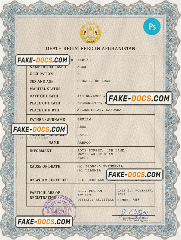 Afghanistan vital record death certificate PSD template